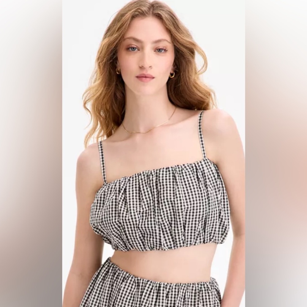 French Connection Chic Crop Top Black White Gingham Adjustable Straps Cotton L ๐